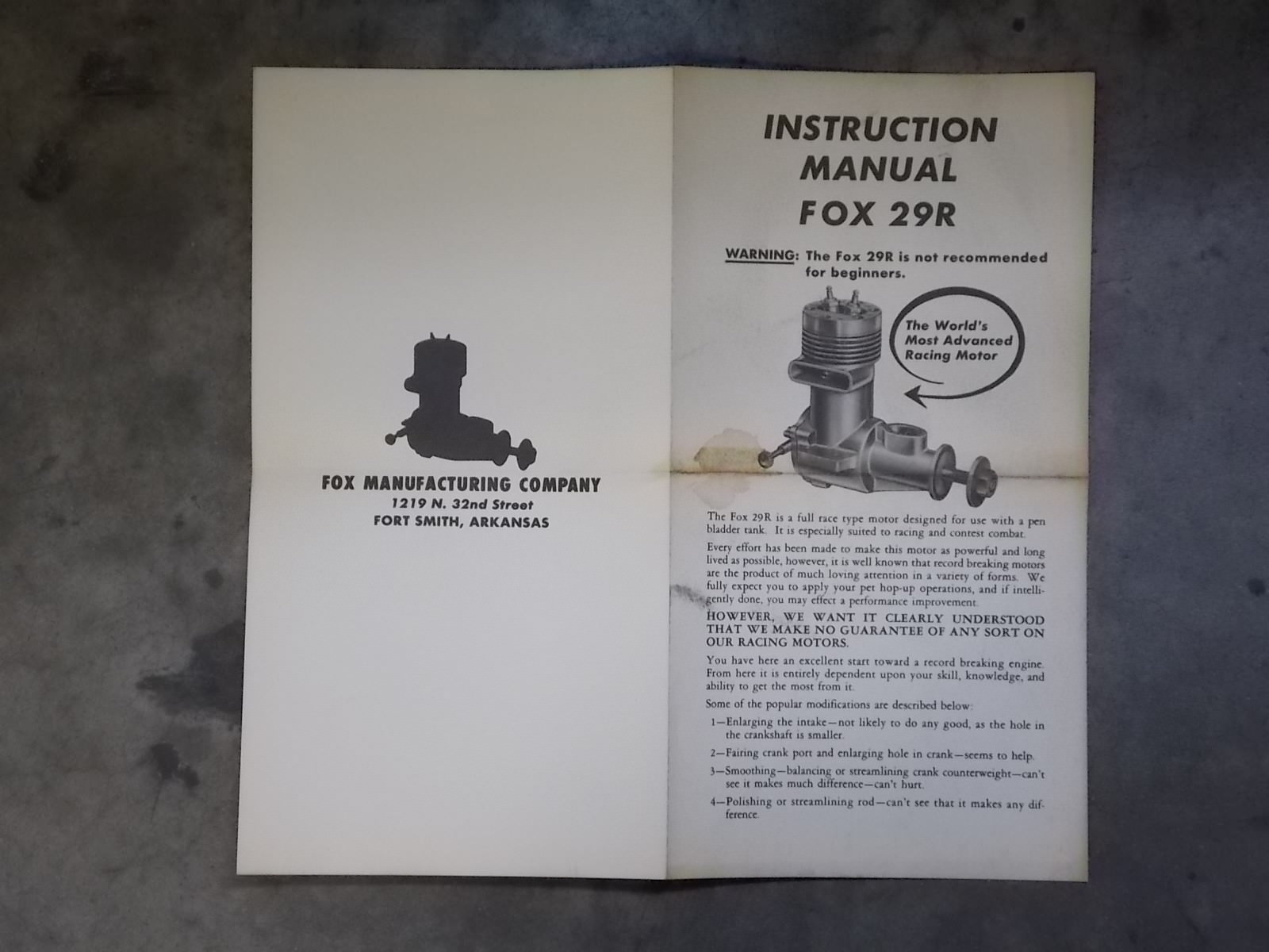FOX Model Airplane Engine Motor Bath Tub 29R original instruction manual 3 pcs