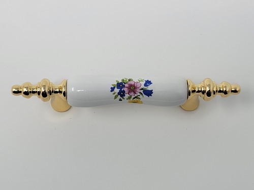 5" Drawer Pull Gold Tone Brass With Ceramic Handle Floral Design 3" Hole Spacing