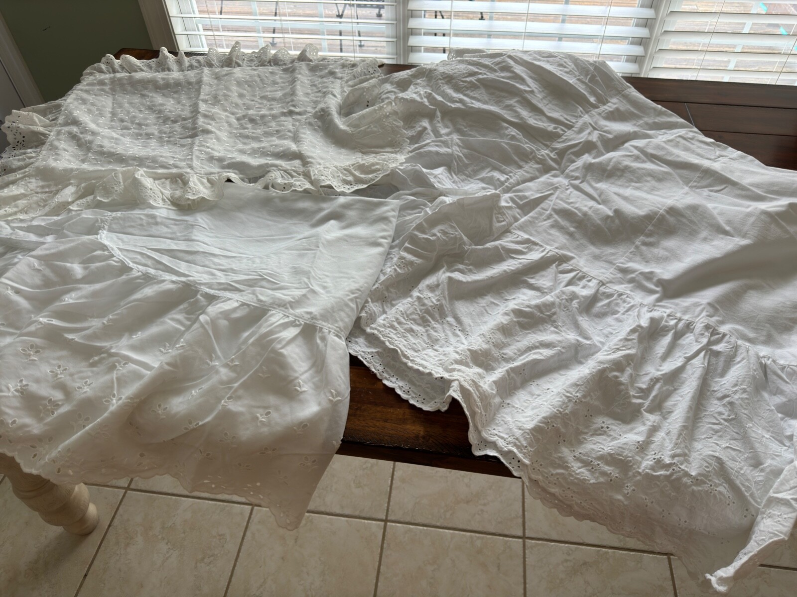 Lot of 2 eyelet full size bed ruffles and one pillow sham. J C Penney & other