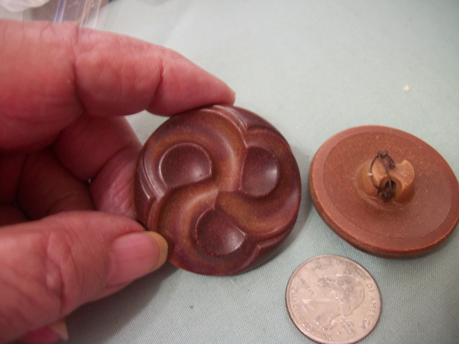 2 LARGE VINTAGE WOODEN BUTTONS INTRICATE DESIGN 1 & 3/4 INCH