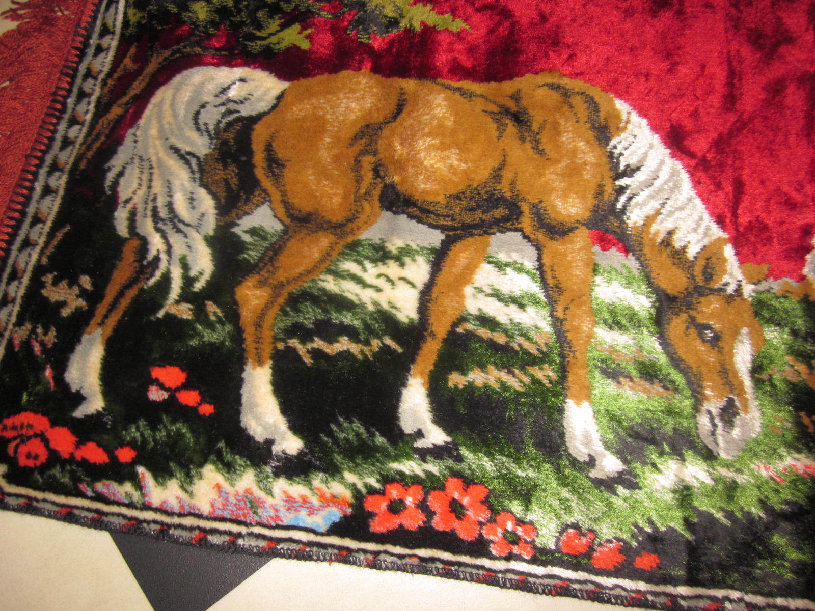 Vintage 60s 70s HORSE TAPESTRY RED throw Rug Wall Hanging carpet art Retro