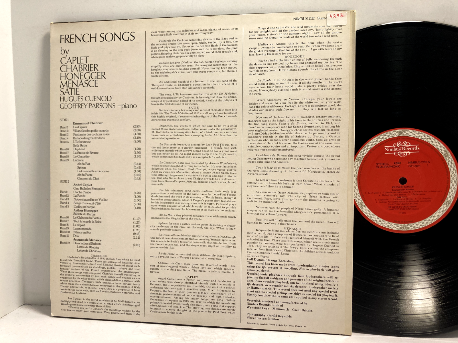 French Songs LP - Nimbus - Tested EX Vinyl - Satie Caplet Chabrier Menasce etc
