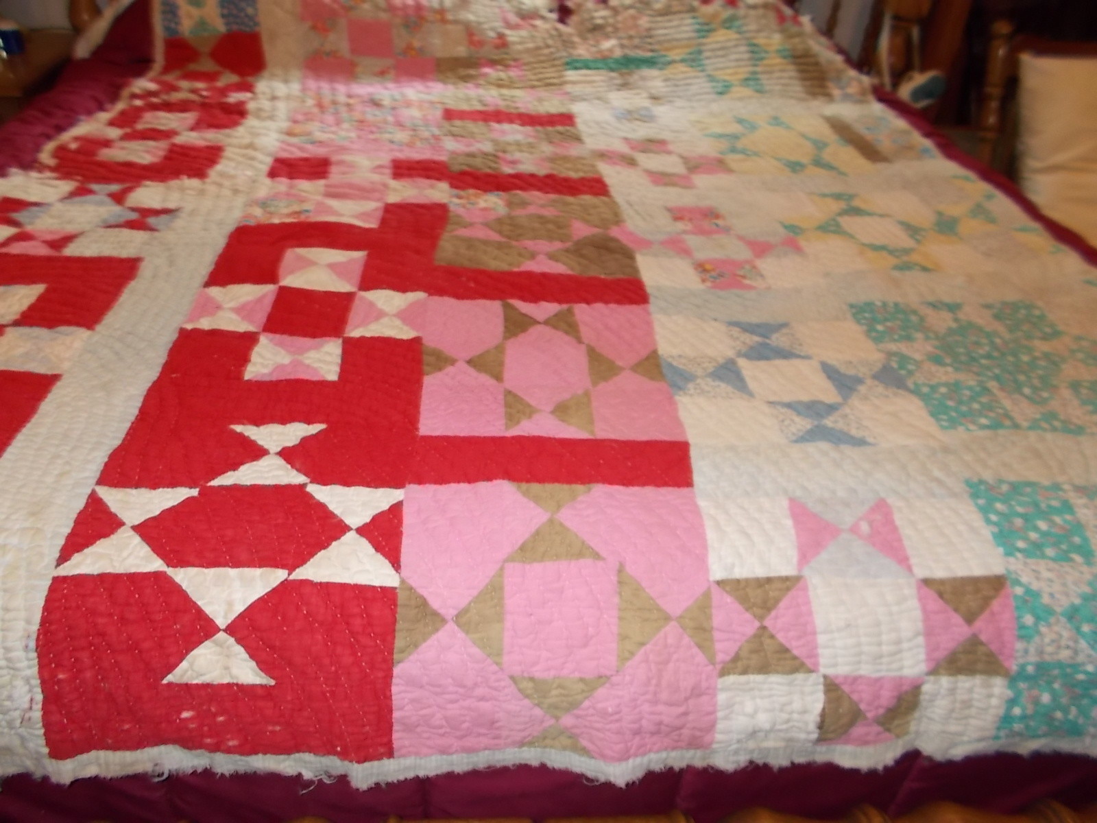 ANTIQUE OLD MATERIAL ASSORTED BLOCK PATTERN RAGGED QUILT 76