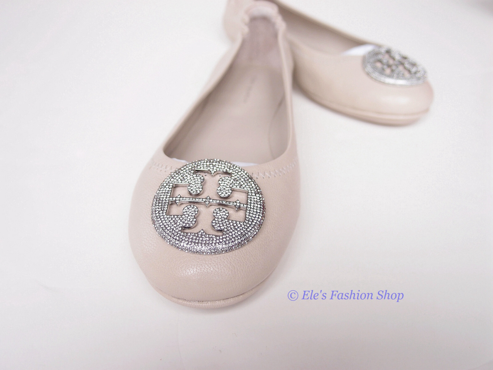 Pre-owned Tory Burch Crystal Logo Pave Minnie Leather Travel Ballet Flat Gray Us 9.5