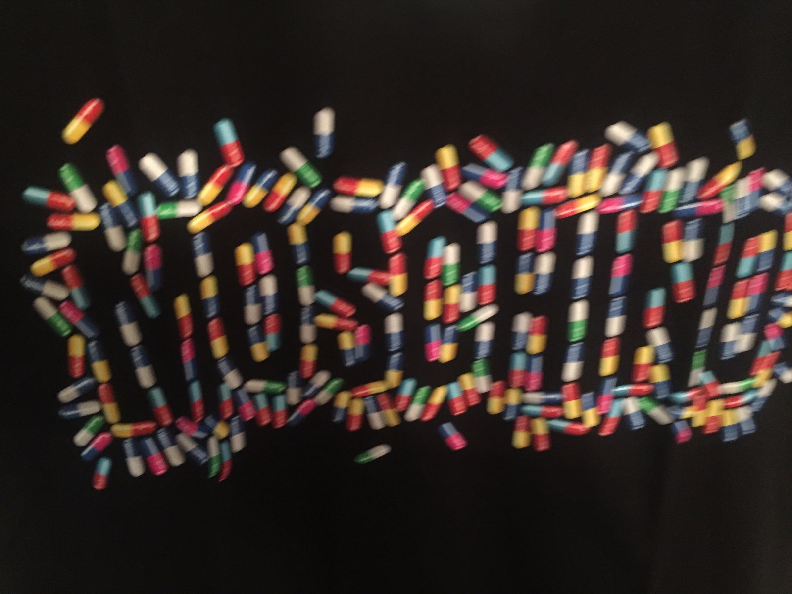 Pre-owned Moschino $250 Ss17  Couture X Jeremy Scott Justsay Pills Logo T-shirt In Multi-color/black