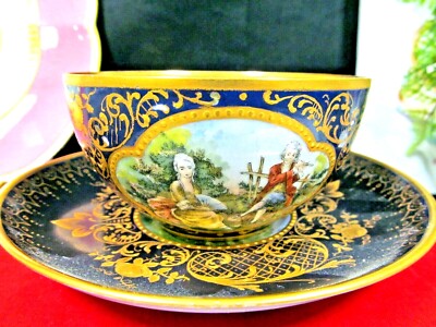 German tea cup and saucer 1900s courting couple love story teacup beaded gold