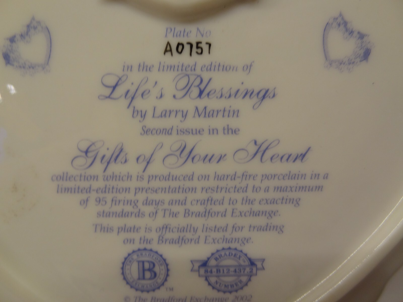 BRADFORD EXCHANGE LIFE'S BLESSING GIFTS OF YOUR HEART LIMITED EDITION PLATE