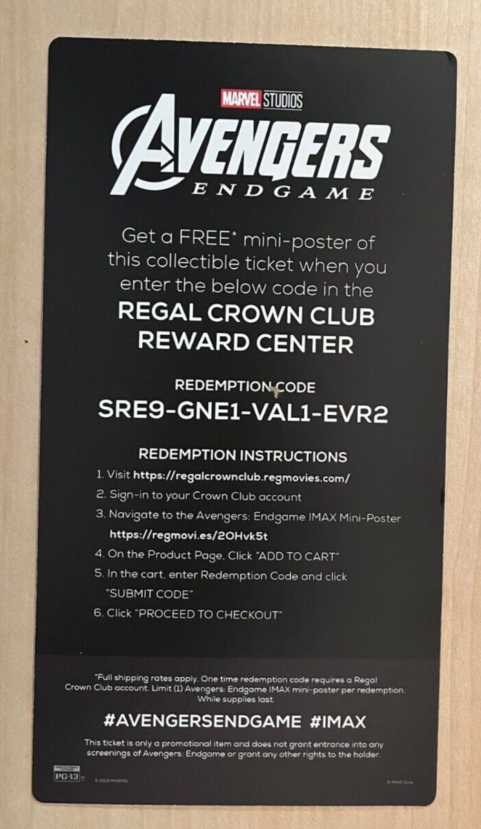 Avengers ENDGAME IMAX Collectible Ticket / 1000