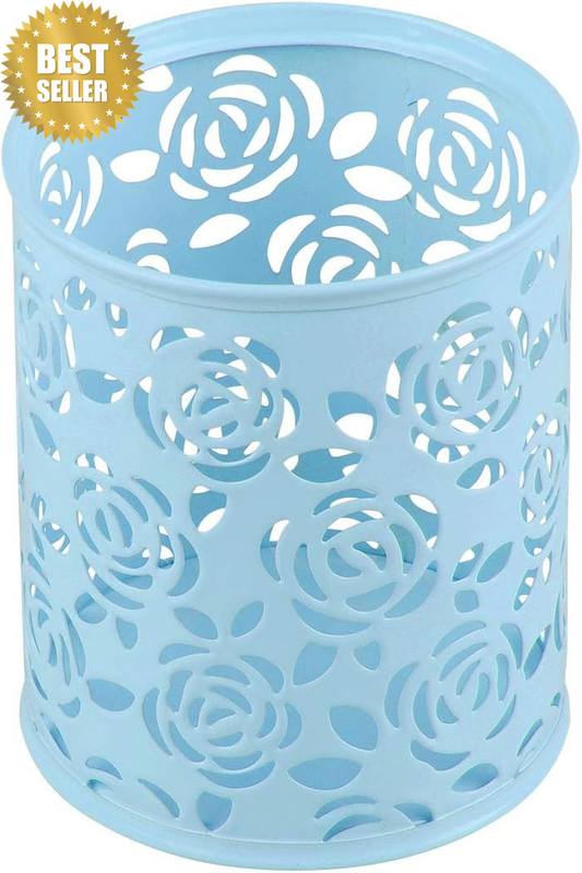 Metal Rose Flower Hollow Pen Pencil Pot Cylinder Container Makeup Cosmetic Brush