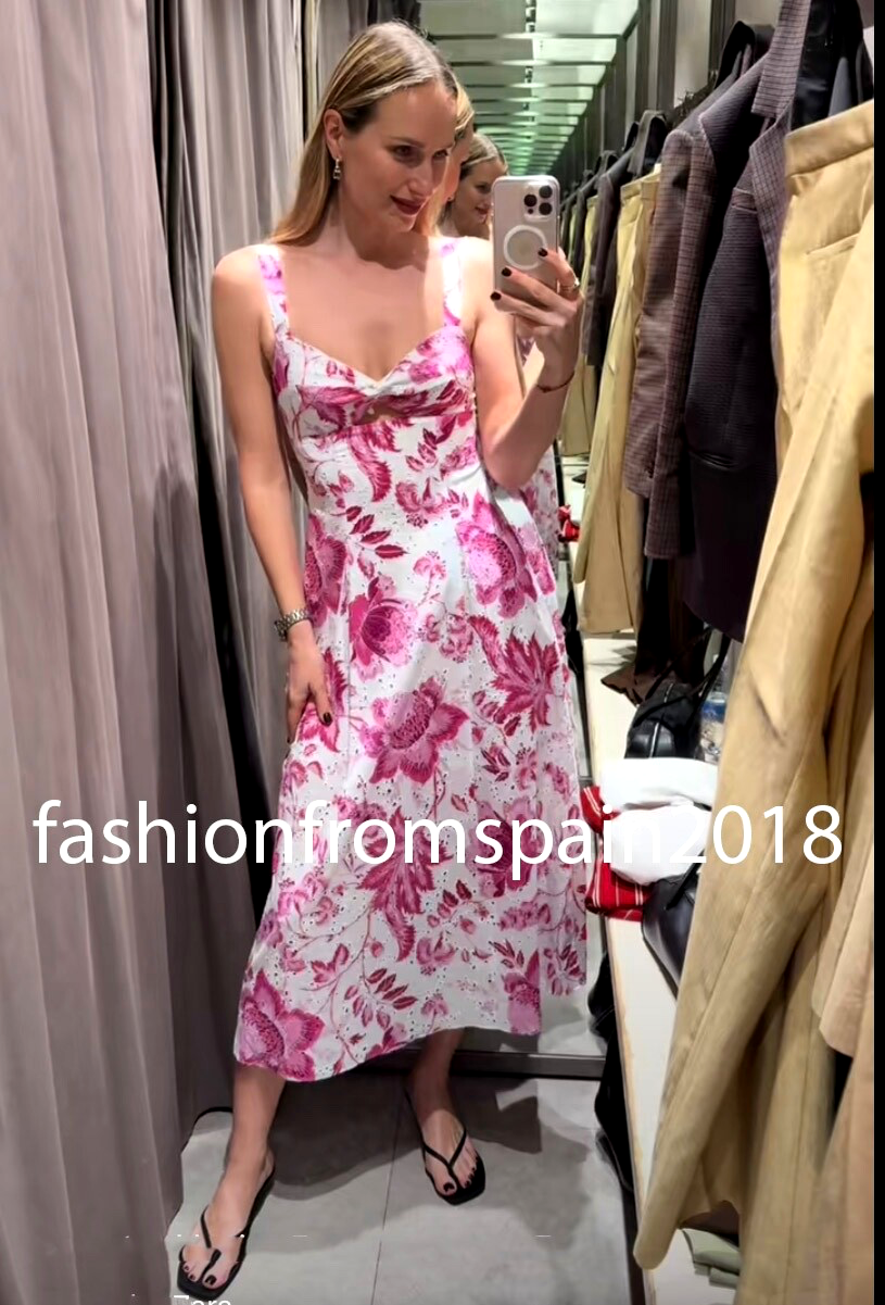ZARA NEW WOMAN FLORAL PRINTED DRESS WITH OPENWORK EMBROIDERY