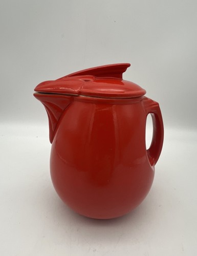 Hall China Co. RED Sundial “Saf-Handle” Syrup w/Lid 1938 RARE HTF USA
