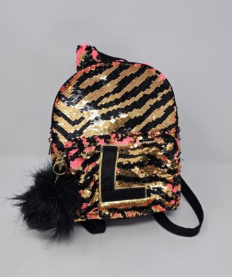 Justice L Initial Mini Backpack Sequins Animal Print Zebra Gold Black Pink Bag