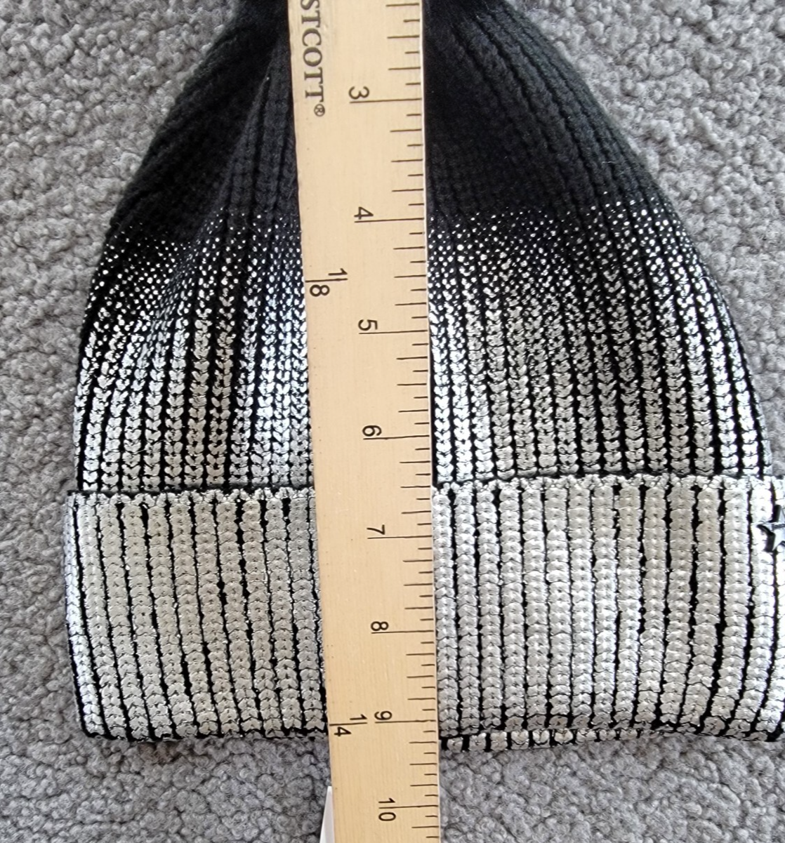 AQUA Ombré Knit Beanie Women's One Size Silver/Black Folded Cuff Pom Pom At Top - Picture 7 of 14