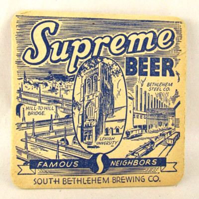 Supreme Beer 4 Inch Beer Coaster  1930 s South Bethlehem Pennsylvania Graphic