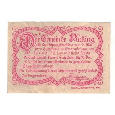[#324938] Banknote, Austria, Pucking O.Ö. Gemeinde, 50 Heller, paysage, 1920, 19