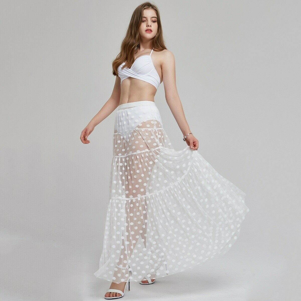 Femme Maille Glissant Jupe à Pois Transparent Plissé Jupon