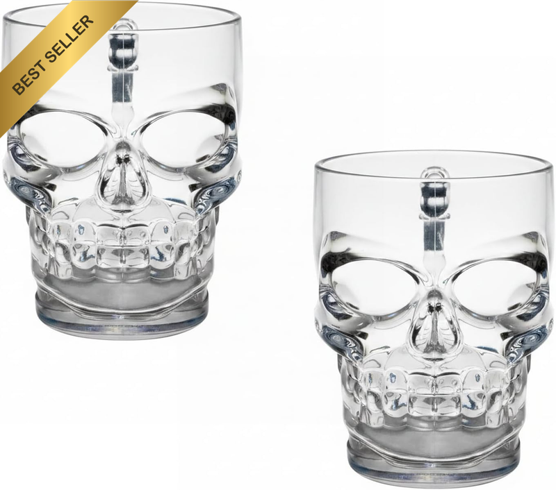 Set of 2 17.6 Oz Thicker Clear Glass Skull Face Beer Mugs, Skull Glass Skull Cup