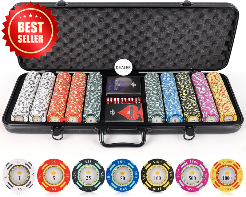 500 Piece Clay Poker Chips Set 13.5G Crown Casino Denomination Case US