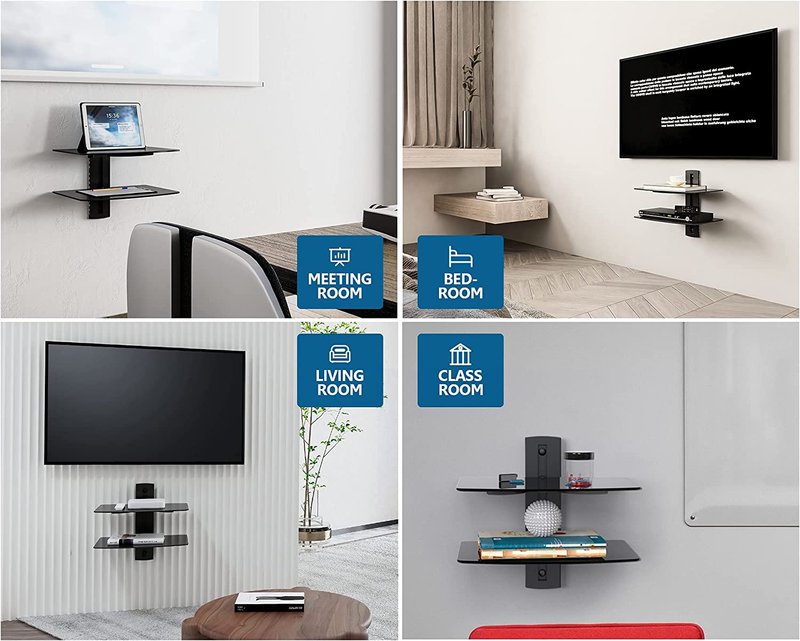 Floating Wall Shelves 2 Tier for TV DVD Game Console Cable Box Black Glass