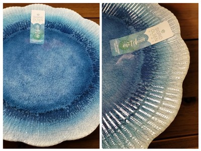 S/4 NEW Olsen SCALLOP BLUE OMBRE CRACKLE DINNER PLATES Melamine Coastal Nautical