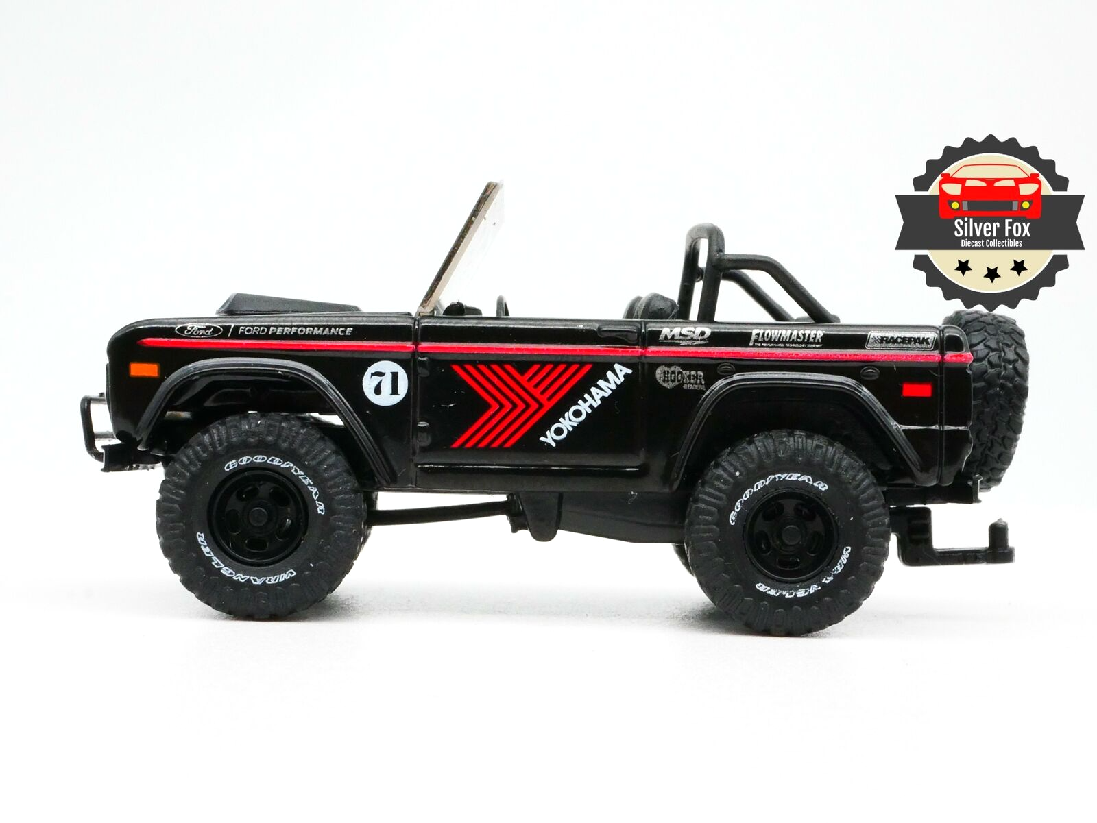 1971 FORD BRONCO 4X4 1:64 BLACK YOKOHAMA  SCALE DIECAST DIORAMA DIORAMA LIFTED