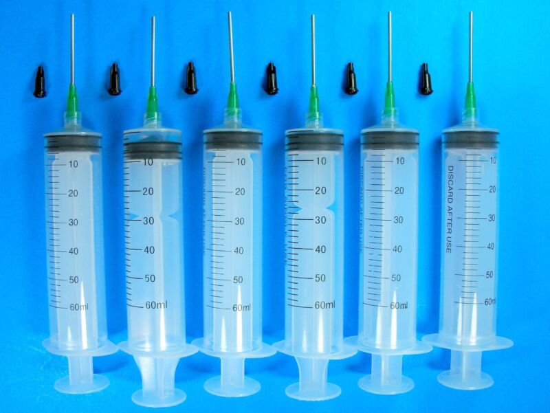 6 Syringes 60ml 60cc 14 Gauge Tips & Caps Dispense Adhesives Glue Gel Craft LL14