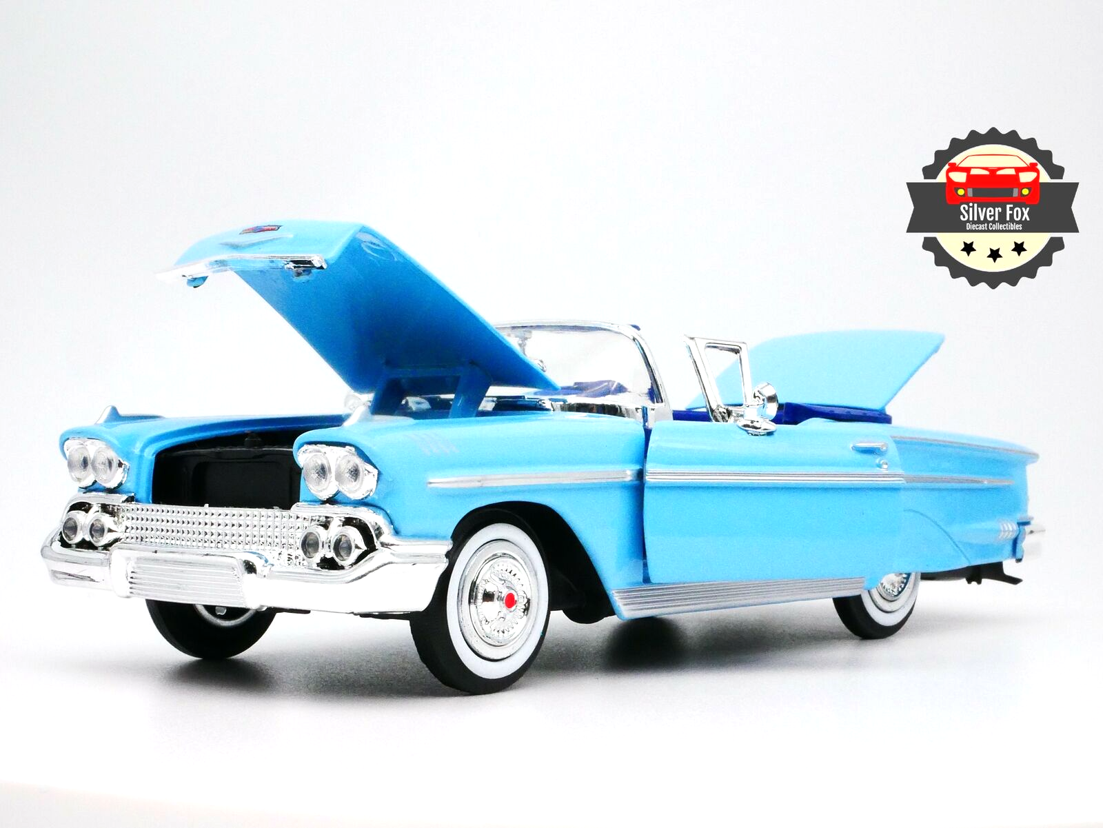 1958 CHEVY IMAPALA CONVERTIBLE BABY BLUE 1:24 SCALE DIECAST COLLECTOR COLLECTORS