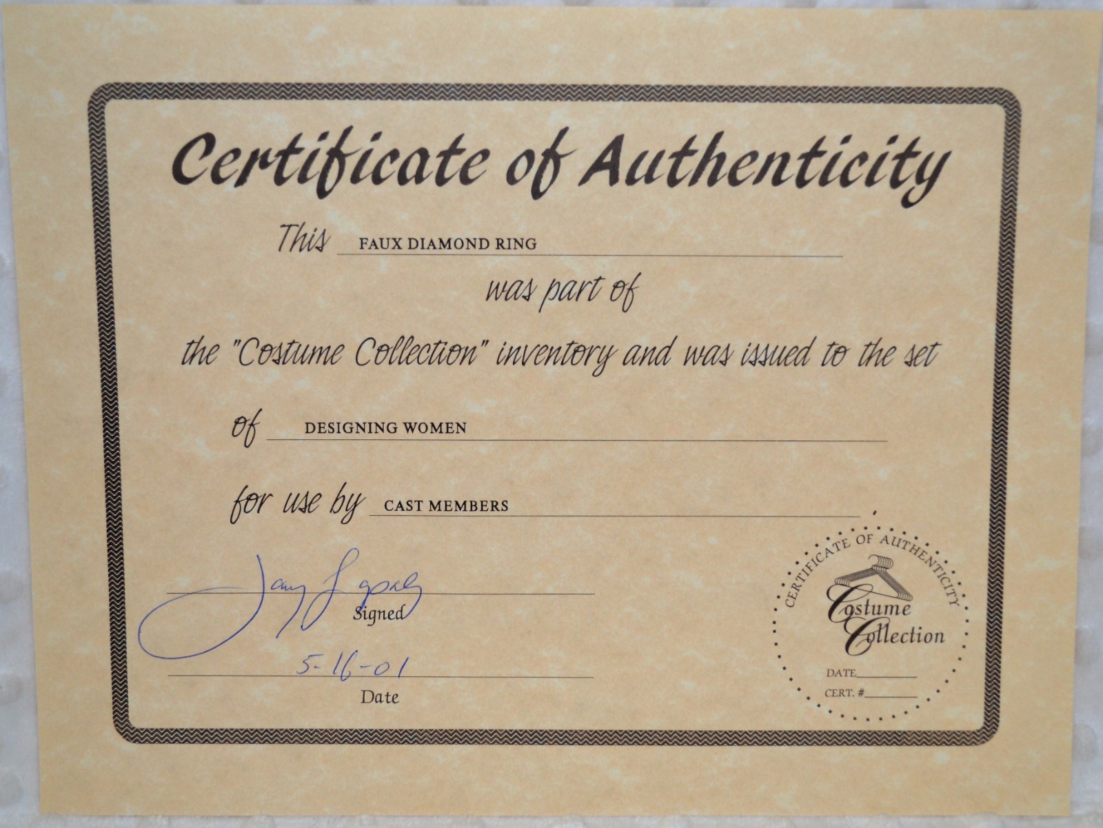 Designing Women Jewelry Prop Faux Diamond Ring w/ COA