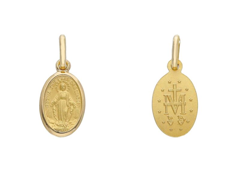 Solid 18k Yellow Gold Miraculous Medal Virgin Mary Madonna, 9x12mm Made In Italy