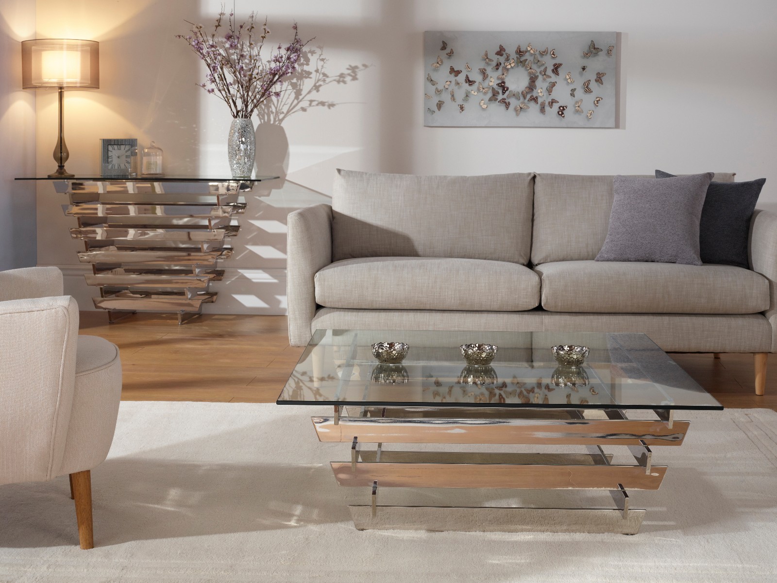 Kyoto Modern Coffee Table Slatted Design In Thick Glass Stainless