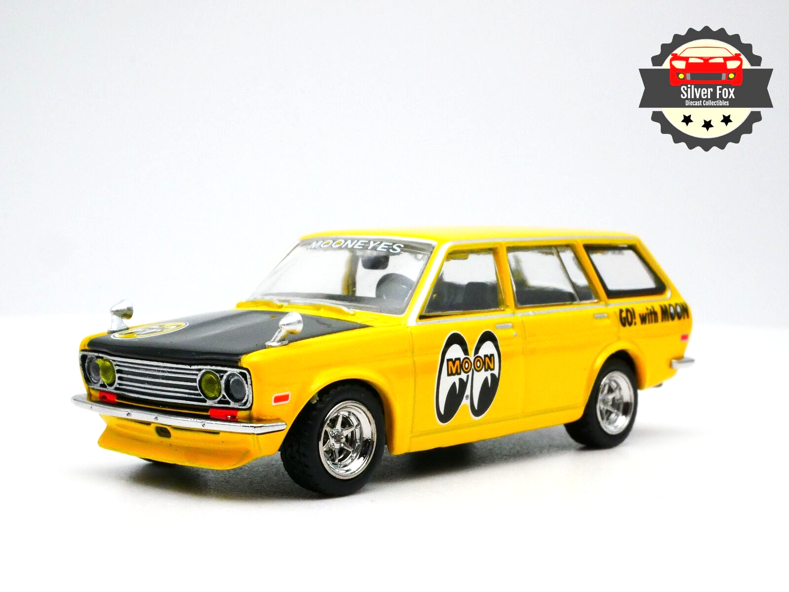 DATSUN 510 WAGON MOONEYES YELLOW RACING BLACK HOOD 1:64 SCALE COLLECTOR MODEL