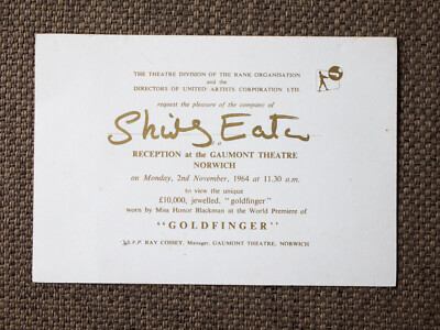 Goldfinger Premiere James Bond 007 Special Invite Card Signed by Shirley Eaton