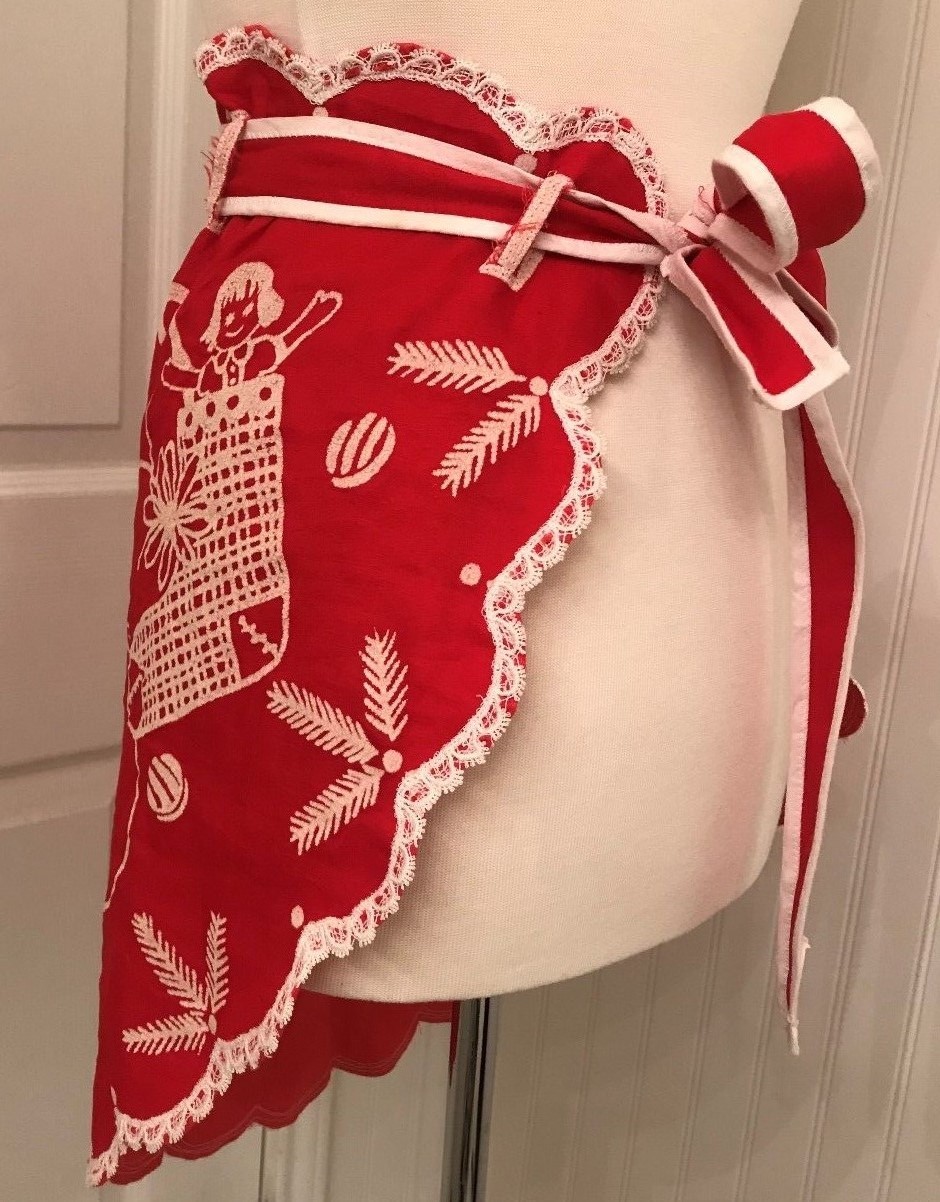 VIntage 1950's Christmas apron, stencil, Chirstmas tree, candy cane