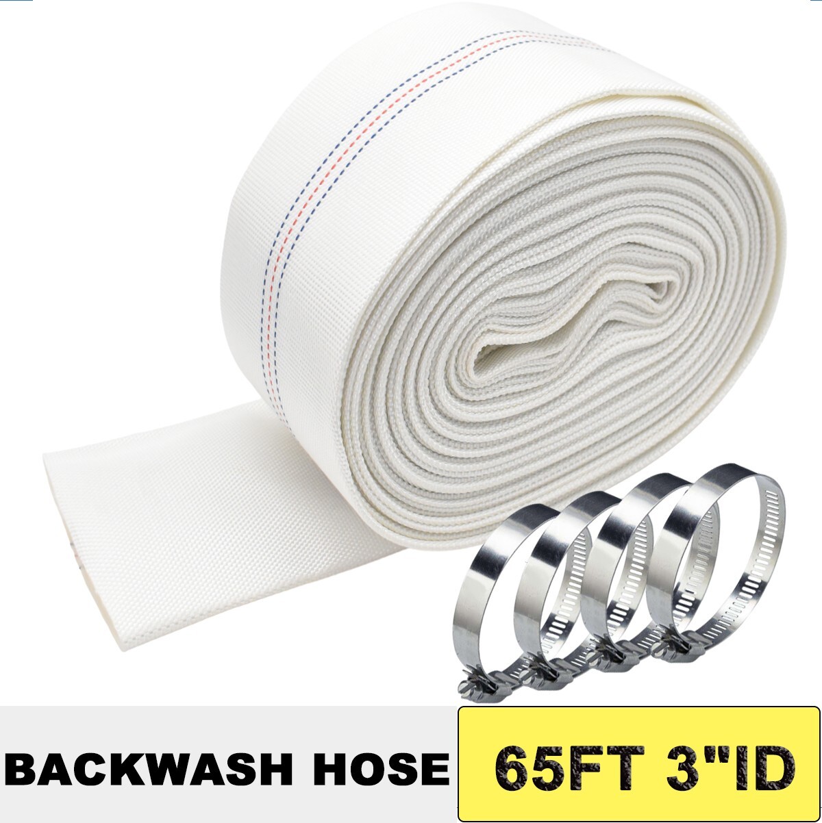 Water Discharge Backwash Pool Hose 3" in inch x 65 FT Lay-Flat Drain Pump White