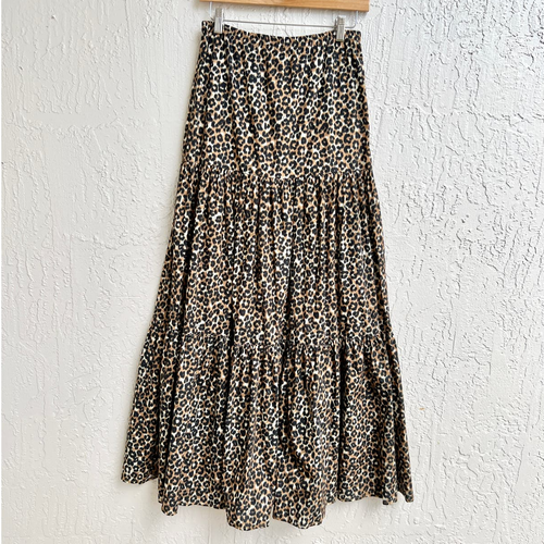 Pinko Elastic Waist Leopard Print Tiered Maxi Skirt Brown