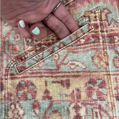 Pre-owned Mother Denim Mountain Drifter Geometric Denim Jacket Moroccan Rug Burn Size S In Red