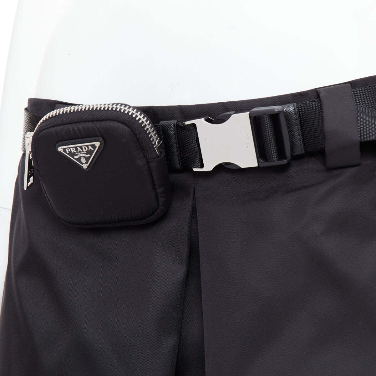 PRADA 2020 Re-nylon black silver triangle logo buckle belt