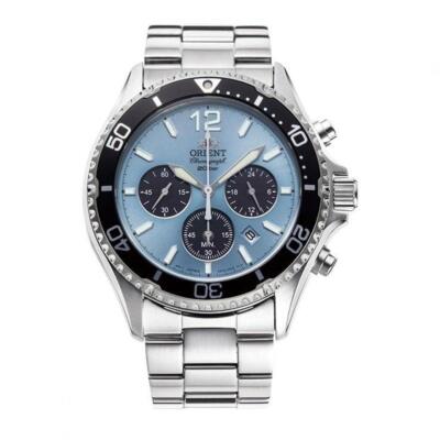 Pre-owned Orient Mako Rn-tx0206l Panda Sport Blue Dial Solar Analog Chronograph Men Watch