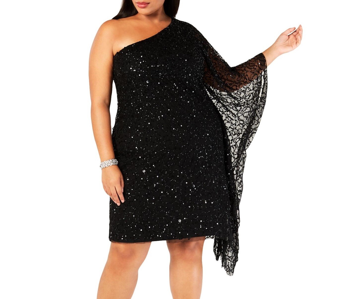 Adrianna Papell Women XS Black One Shoulder Sequin Beaded