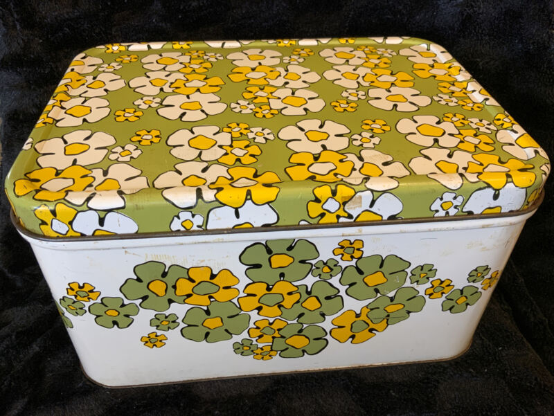 Vintage Metal Bread Box Yellow & Green Floral Mid Century Groovy Storage Vented