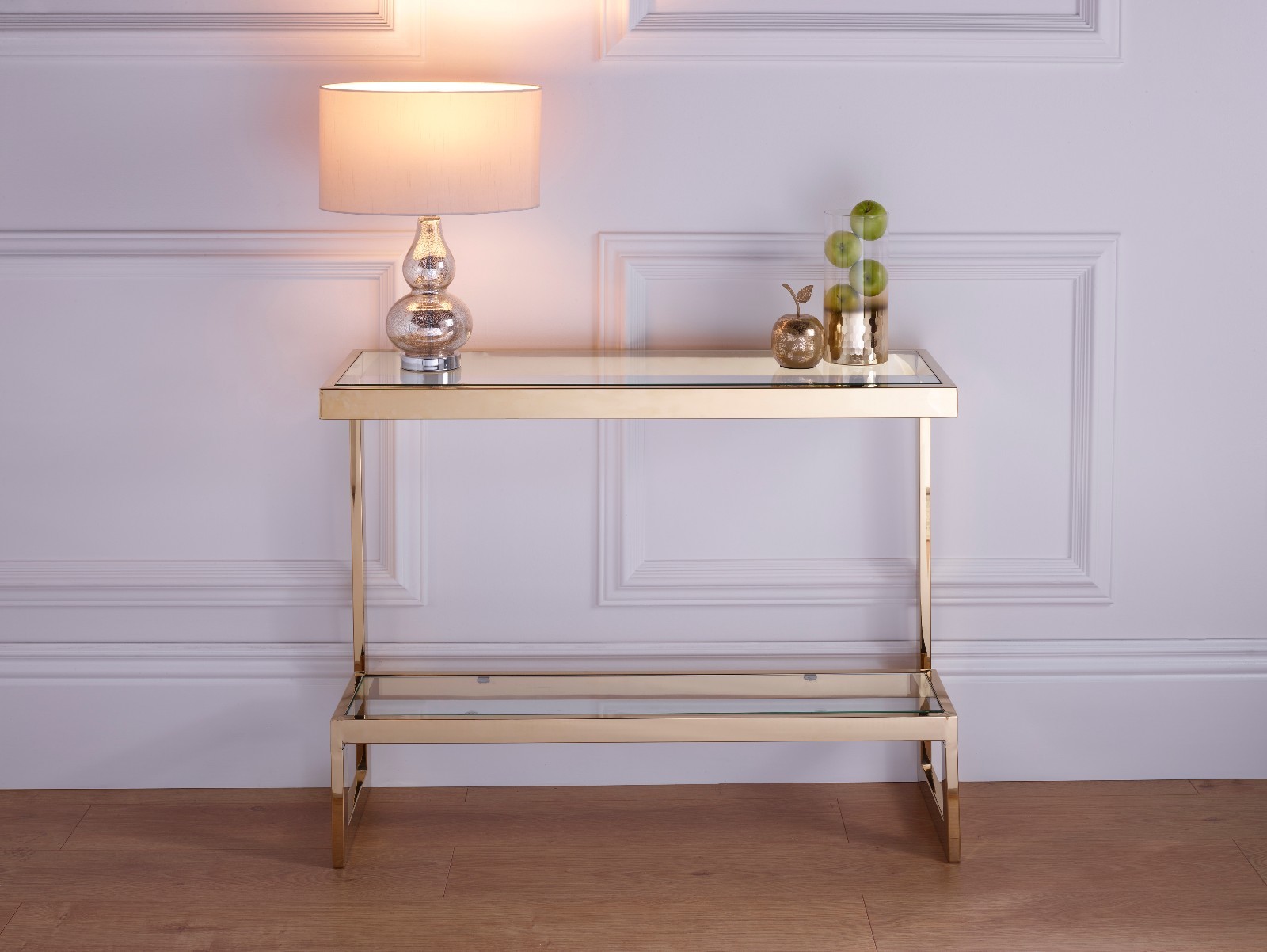 Adair Glass Top Console Table With Shelf In Steel Gold Or Rose Gold