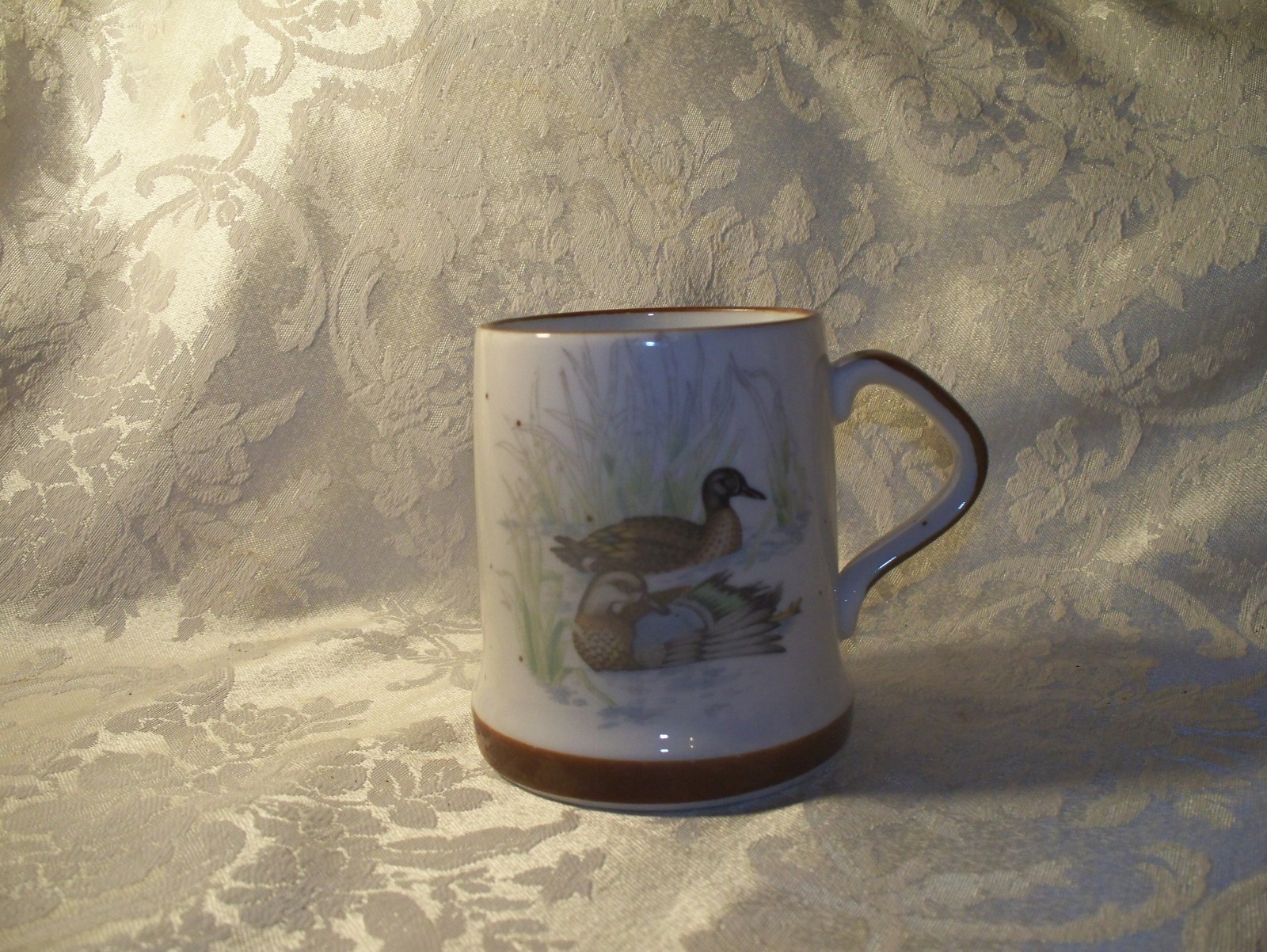 Vintage Stoneware Duck Mug White Brown Trim and Speckles