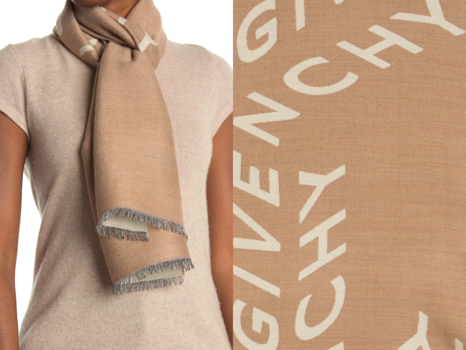 Pre-owned Givenchy Unisex Wool Silk Logo Scarf For Stole Cloth Camel 13/16x70 7/8in In Beige