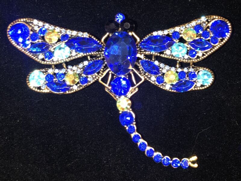 Brooch Dragonfly Blue Aurora Borealis Teal Aqua Gold Alloy Scarf Pin Pendant Vtg