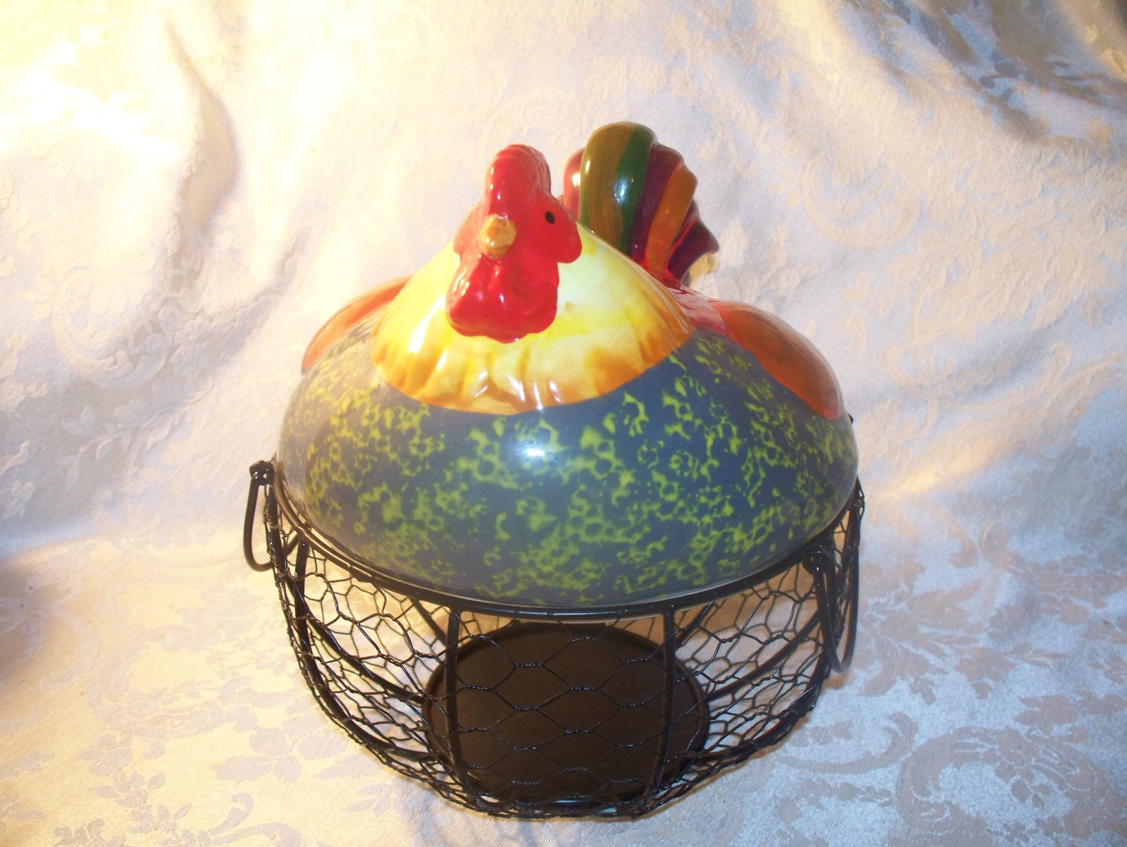 Black Metal Egg Basket With Colorful Ceramic Chicken Top