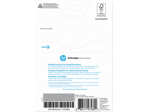 HP Everyday Photo Paper, Glossy, 52 lb, 4 x 6 in. (101 x 152 mm), 50 sheets