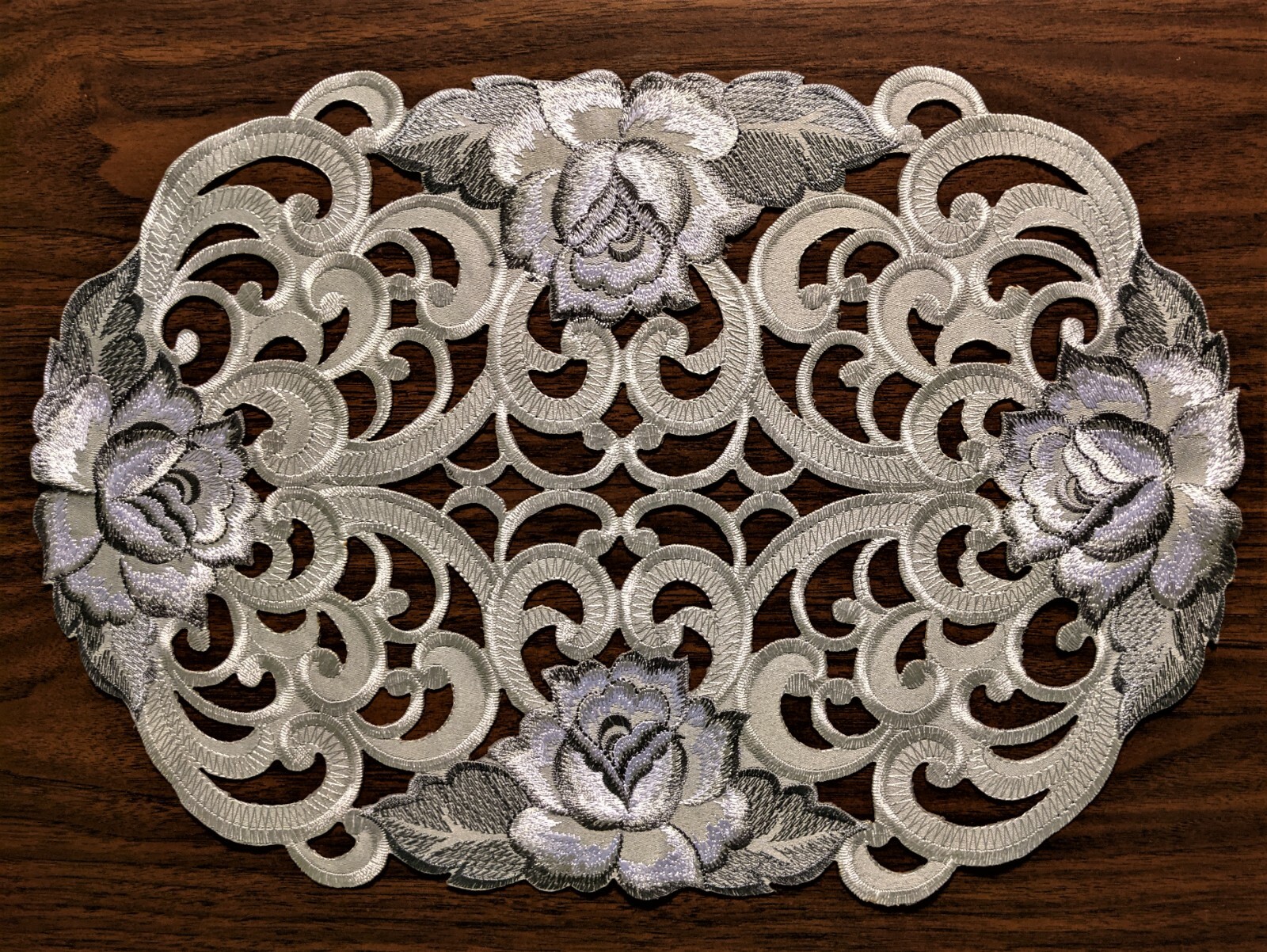 Doily Boutique Table Runner, Dresser Scarf,or Doily with Silver Gray Roses