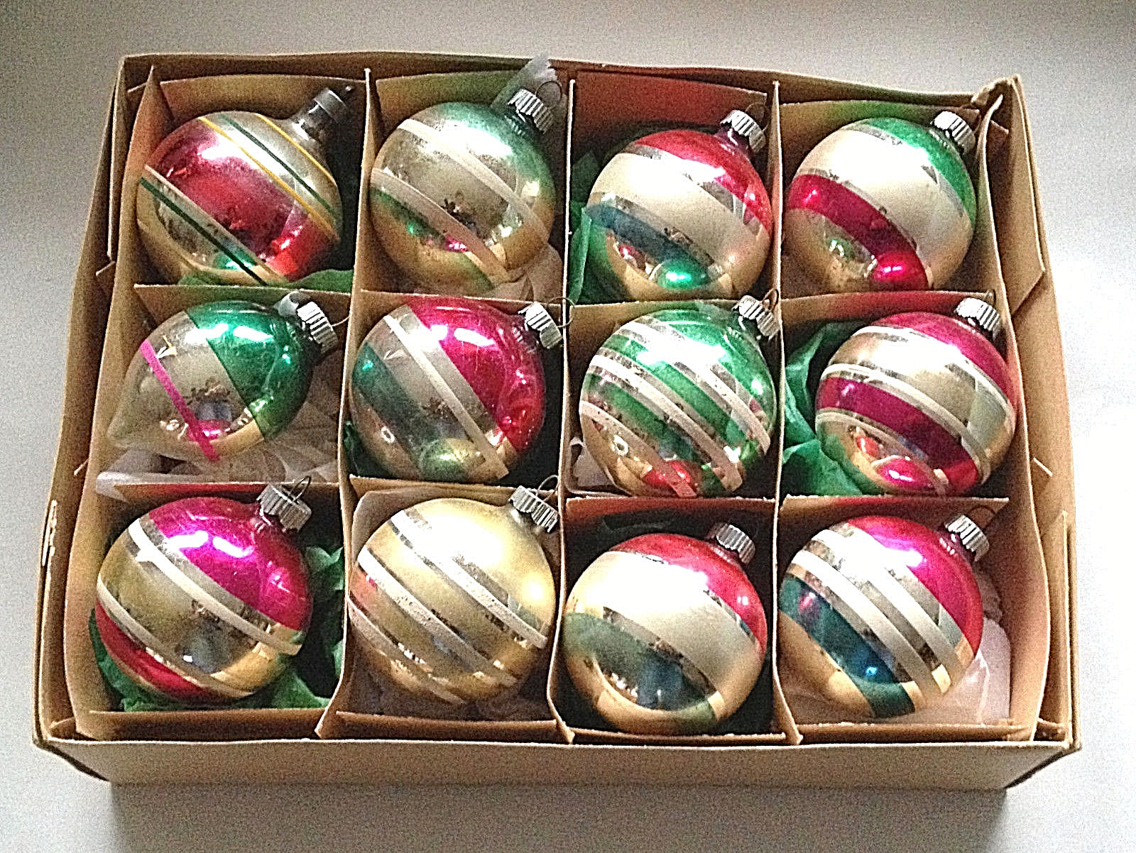 12 Vtg Shiny Brite MEDIUM Striped Christmas Ornaments Feather Tree Pink Green +