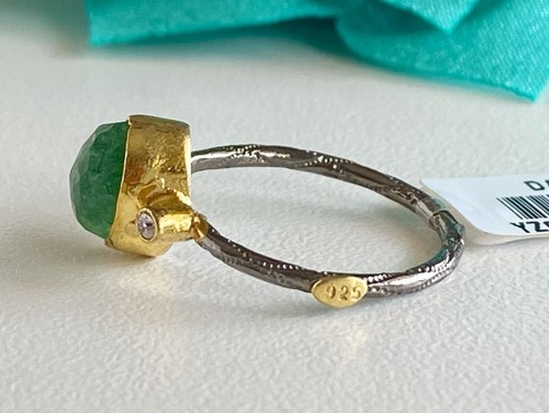 Antiqued Sterling Silver 22k Yellow Gold Green Quartz Ring Size 5/6.25 - Picture 6 of 8