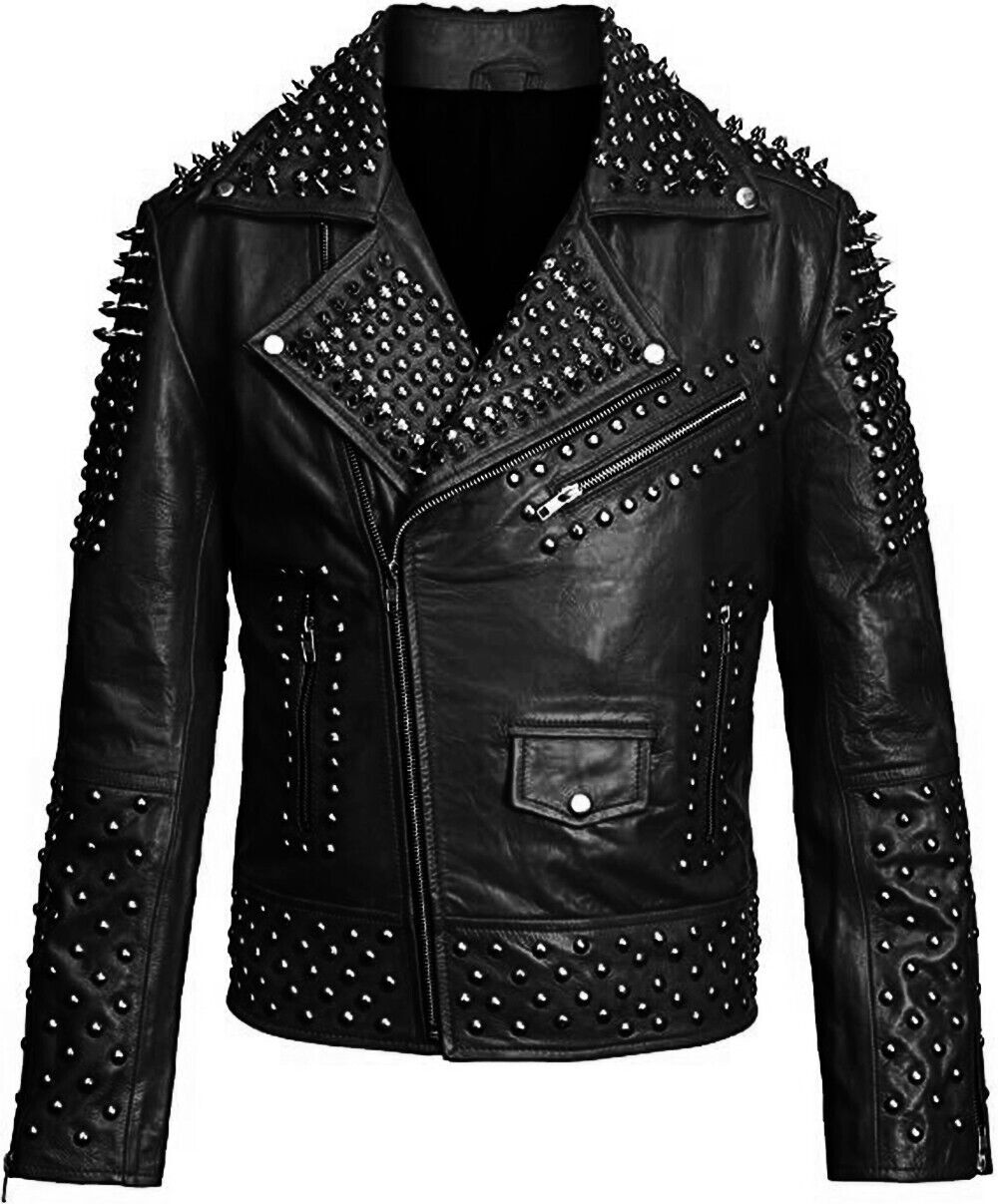 Men Leather Jacket Punk Studded Brando Motorcycle Genuine